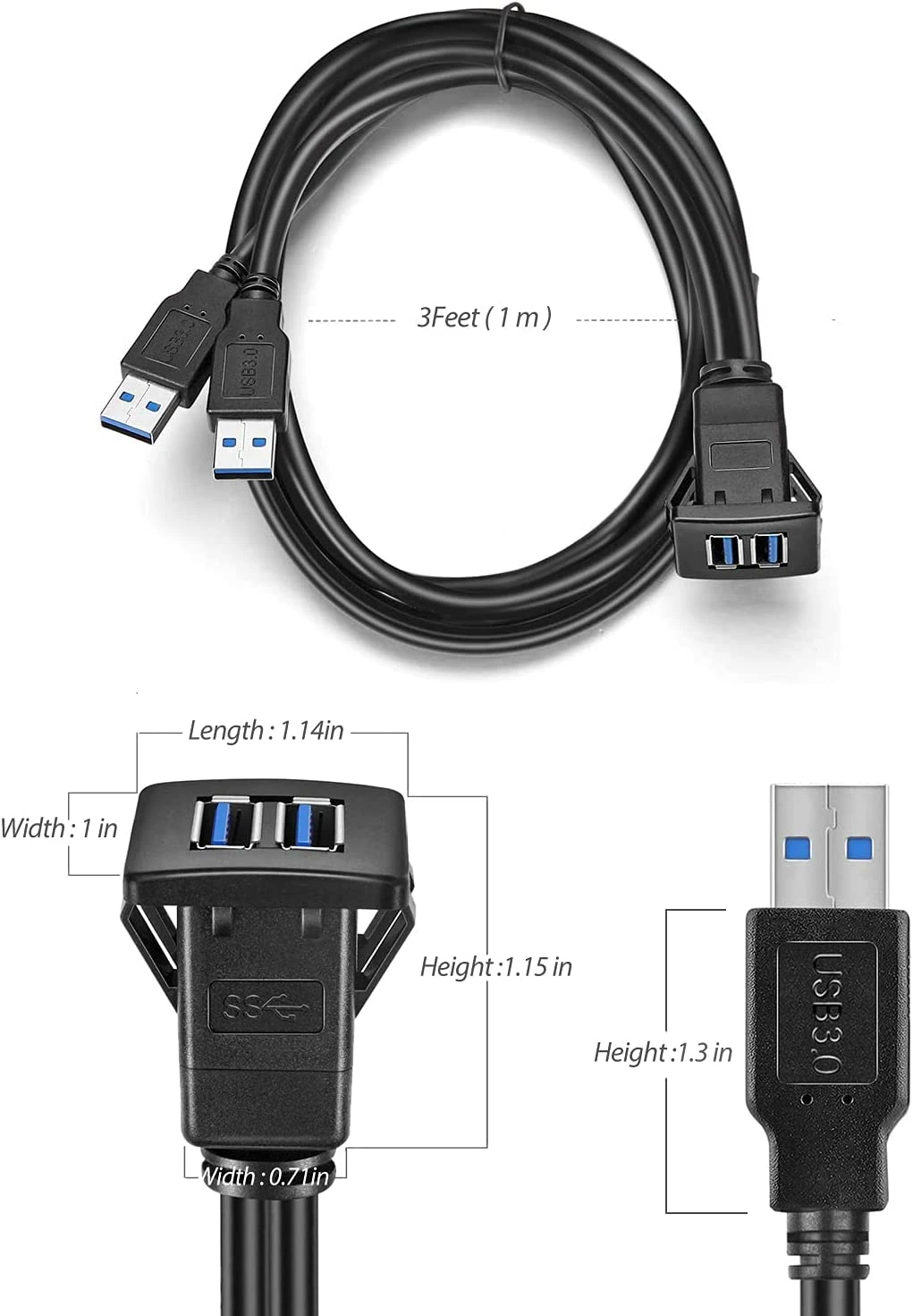 Type C 3.1 and USB 3.0 Car Mount Flush Cable